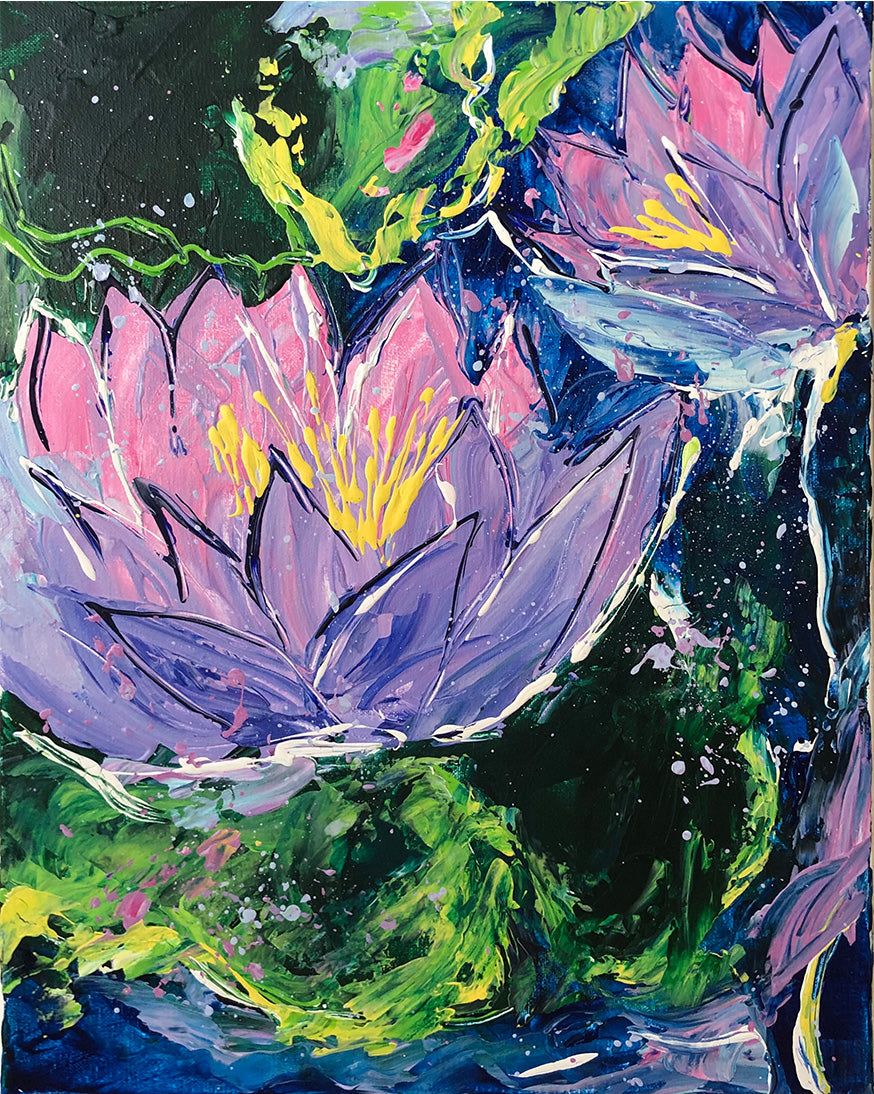 Mauve Water Lily Flowers - 16X20 Original Acrylic Painting