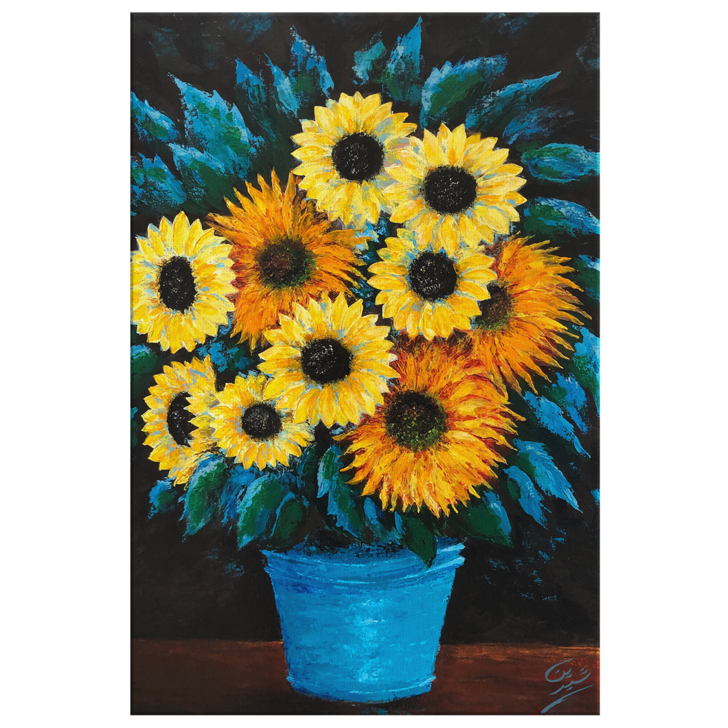 Sunflowers in Turquoise Pot - Canvas Art Print