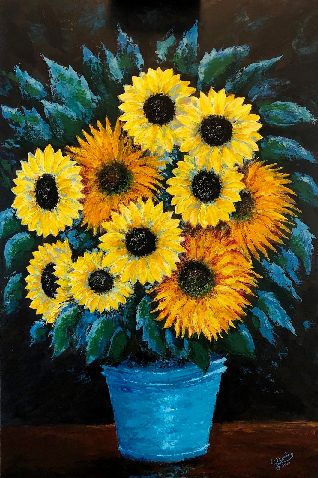 Sunflowers in Turquoise Pot - Original Acrylic Painting - 36X24 inches